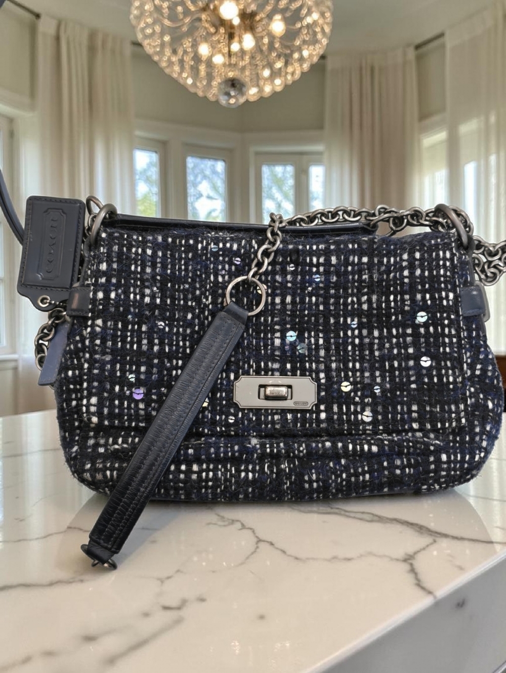 RARE Coach Chelsea Tweed Sequin Chain Bag Navy Shoulder Crossbody 2011